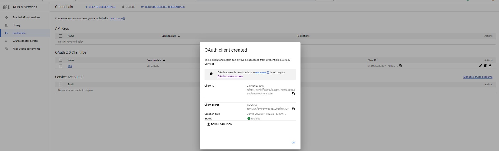 created oauth client for web application