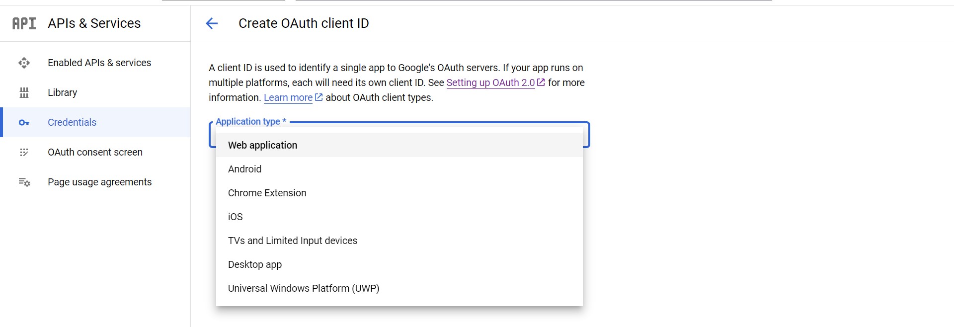 select oauth client id web application